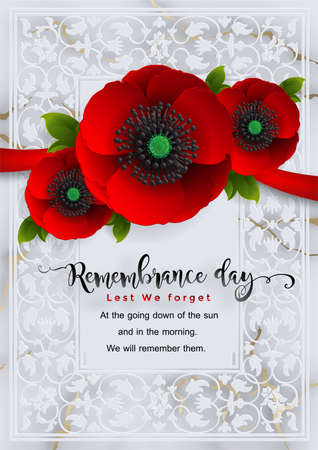 Remembrance day lest we forget. realistic red poppy flower international symbol of peace with paper cut art and craft style on color background.のイラスト素材