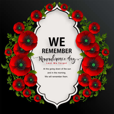 Remembrance day lest we forget. realistic red poppy flower international symbol of peace with paper cut art and craft style on color background.のイラスト素材