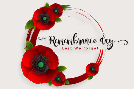 Remembrance day lest we forget. realistic red poppy flower international symbol of peace with paper cut art and craft style on color background.のイラスト素材