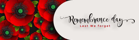 Remembrance day lest we forget. realistic red poppy flower international symbol of peace with paper cut art and craft style on color background.のイラスト素材