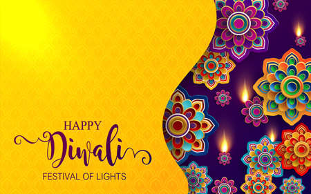 Diwali, Deepavali or Dipavali the festival of lights india with gold diya on podium, patterned and crystals on paper color Background.のイラスト素材