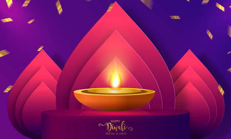 Diwali, Deepavali or Dipavali the festival of lights india with gold diya on podium, patterned and crystals on paper color Background.のイラスト素材