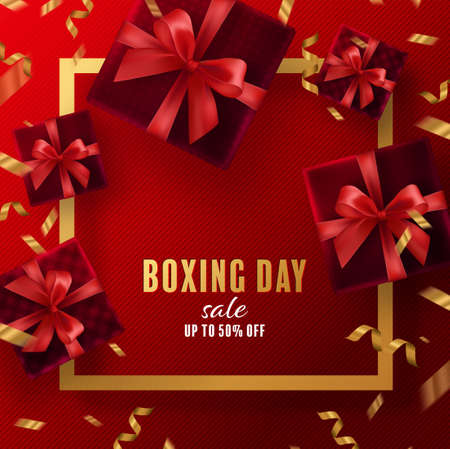 Boxing day sale or black friday shopping concept design of red, gold, black, boxing gloves holding for happy time withÂ decorative elements cut style on color Background.のイラスト素材
