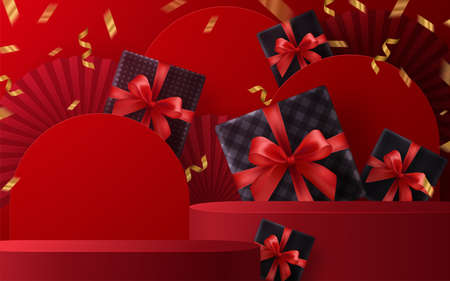 3d Podium round, square podium or boxing day sale, christmas or black friday shopping concept design of red, gold, black, boxing gloves holding for happy time withÂ decorative elements cut style on color Background.のイラスト素材