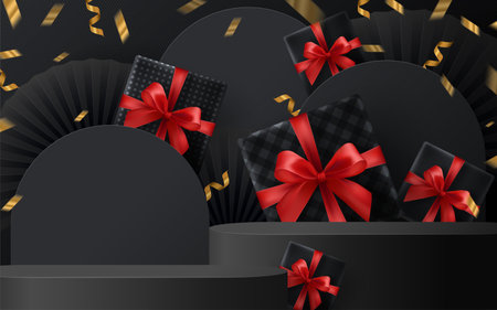 Black Friday round podium gift box, red ribbon and gold  Floating Ribbon with craft style on background.のイラスト素材
