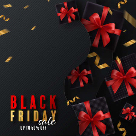 Black Friday background gift box, red ribbon and gold  Floating Ribbon with craft style.のイラスト素材