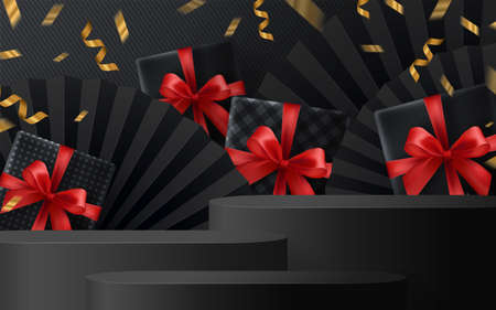 Black Friday round podium gift box, red ribbon and gold  Floating Ribbon with craft style on background.のイラスト素材