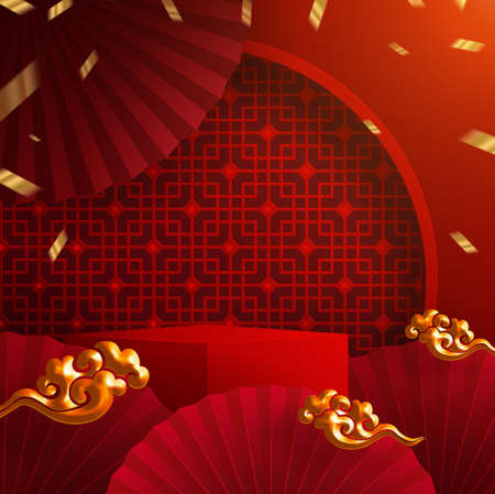 3d Podium round, square box stage podium and paper art Chinese new year,Chinese Festivals, Mid Autumn Festival, red paper cut, fan, flower and asian elements with craft style on background.のイラスト素材