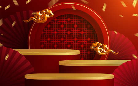 3d Podium round, square box stage podium and paper art Chinese new year,Chinese Festivals, Mid Autumn Festival, red paper cut, fan, flower and asian elements with craft style on background.のイラスト素材