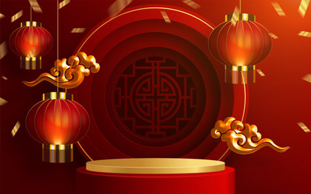 3d Podium round, square box stage podium and paper art Chinese new year,Chinese Festivals, Mid Autumn Festival, red paper cut, fan, flower and asian elements with craft style on background.のイラスト素材