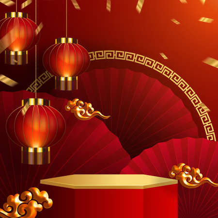 3d Podium round, square box stage podium and paper art Chinese new year,Chinese Festivals, Mid Autumn Festival, red paper cut, fan, flower and asian elements with craft style on background.のイラスト素材