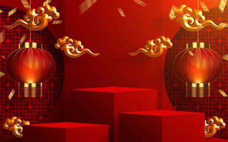 3d Podium round, square box stage podium and paper art Chinese new year,Chinese Festivals, Mid Autumn Festival, red paper cut, fan, flower and asian elements with craft style on background.のイラスト素材