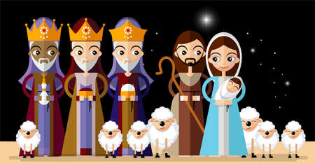 Christmas card in retro style with three kings bringing gifts to Jesus. Vector illustration in cartoon style.のイラスト素材