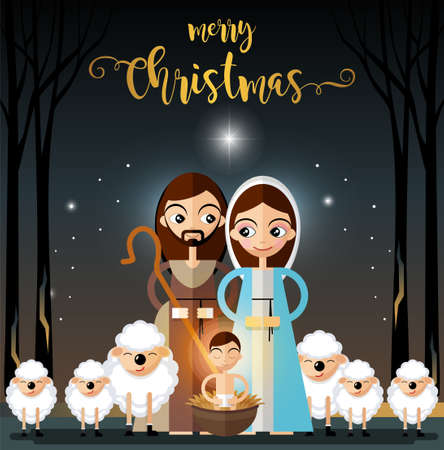 Christmas card in retro style with three kings bringing gifts to Jesus. Vector illustration in cartoon style.のイラスト素材