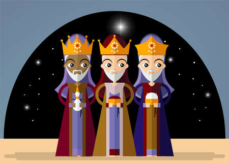 Christmas card in retro style with three kings bringing gifts to Jesus. Vector illustration in...