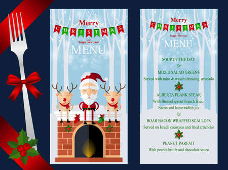 Merry Christmas Happy Christmas Menu set. Santa Claus, Snowman, Reindeer and elf in Christmas snow scene with craft style on background.のイラスト素材