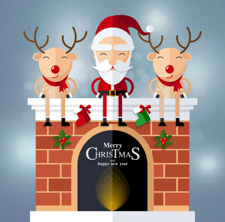 Merry Christmas Happy Christmas companions. Santa Claus, Snowman, Reindeer and elf in Christmas snow scene with craft style on background.のイラスト素材