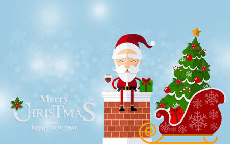 Merry Christmas Happy Christmas companions. Santa Claus, Snowman, Reindeer and elf in Christmas snow scene with craft style on background.のイラスト素材