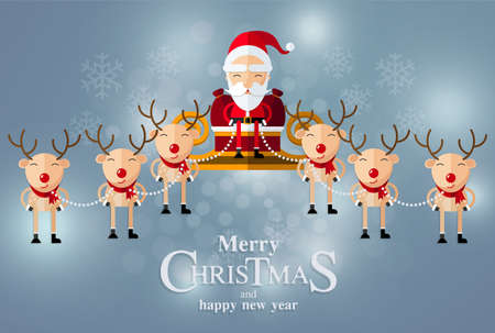 Merry Christmas Happy Christmas companions. Santa Claus, Snowman, Reindeer and elf in Christmas snow scene with craft style on background.のイラスト素材