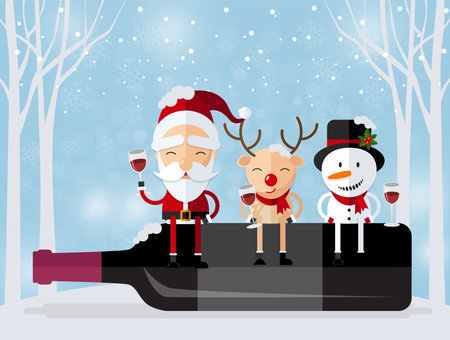 Merry Christmas Happy Christmas companions. Santa Claus, Snowman, Reindeer and elf in Christmas snow scene with craft style on background.のイラスト素材