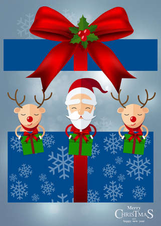Merry Christmas Happy Christmas companions. Santa Claus, Snowman, Reindeer and elf in Christmas snow scene with craft style on background.のイラスト素材