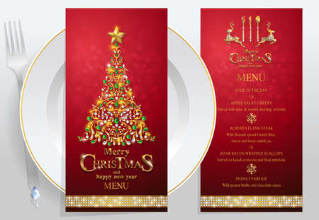Menu for Merry Christmas and happy new year with gold patterned and crystals on paper color.のイラスト素材