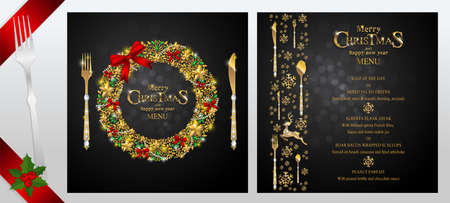 Menu for Merry Christmas and happy new year with gold patterned and crystals on paper color.のイラスト素材