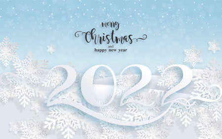 Merry Christmas and happy new year 2022  Santa Claus, Snowman, Reindeer and elf in Christmas snow scene with craft style on background.のイラスト素材