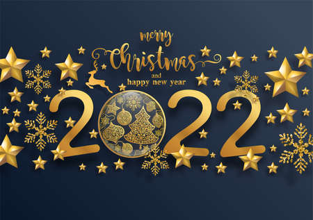 Merry Christmas and happy new year 2022 with gold patterned and crystals on paper color.