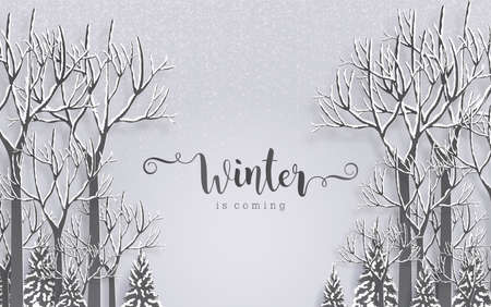 2022 Forest with snow in christmas and winter season paper art and digital craft style.
