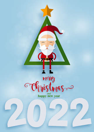2022 Merry Christmas Happy Christmas companions. Santa Claus, Snowman, Reindeer and elf in Christmas snow scene with craft style on background.のイラスト素材