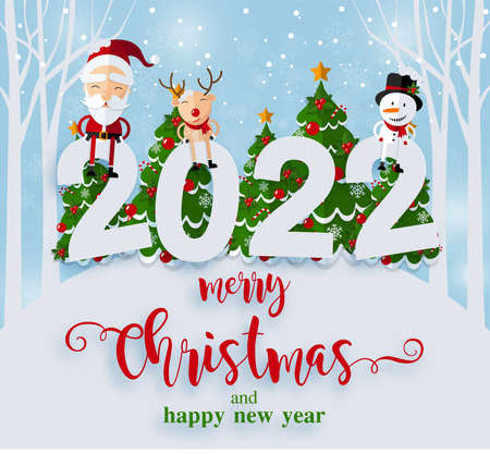 2022 Merry Christmas Happy Christmas companions. Santa Claus, Snowman, Reindeer and elf in Christmas...