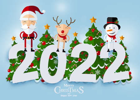 2022 Merry Christmas Happy Christmas companions. Santa Claus, Snowman, Reindeer and elf in Christmas...