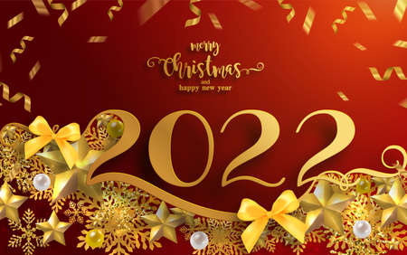 2022 Merry Christmas and happy new year with gold patterned and crystals on paper color.のイラスト素材
