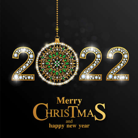 Merry Christmas and happy new year 2022 with gold patterned and crystals on paper color.のイラスト素材