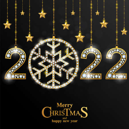 Merry Christmas and happy new year 2022 with gold patterned and crystals on paper color.のイラスト素材