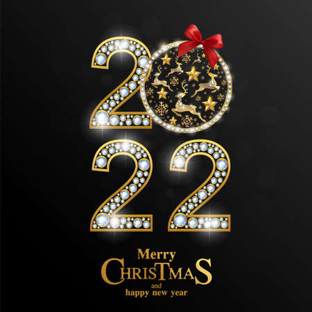 Merry Christmas and happy new year 2022 with gold patterned and crystals on paper color.のイラスト素材