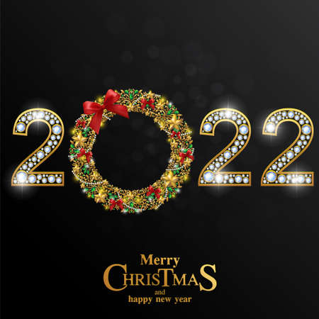 Merry Christmas and happy new year 2022 with gold patterned and crystals on paper color.のイラスト素材
