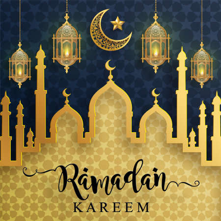 Ramadan Kareem, Ramadhan or Eid mubarak by Muslims greeting background Islamic with gold patterned and crystals on paper color background.( Translation : Ramadan Kareem )のイラスト素材