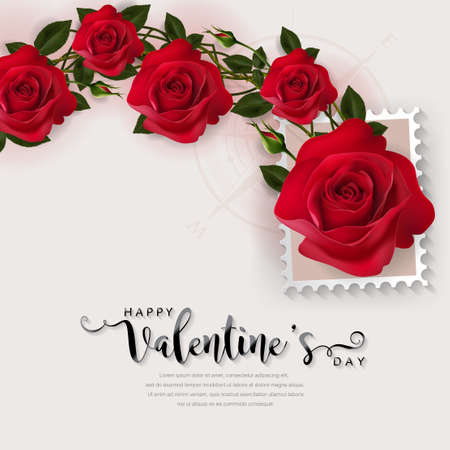 Valentine's day greeting card templates with realistic of beautiful rose and heart on background color.のイラスト素材