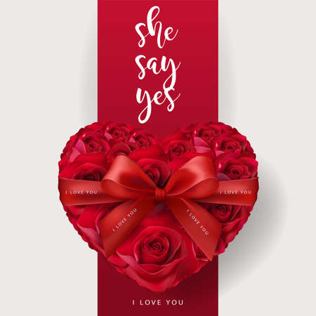 Valentine's day greeting card templates with realistic of beautiful rose and heart on background color.のイラスト素材