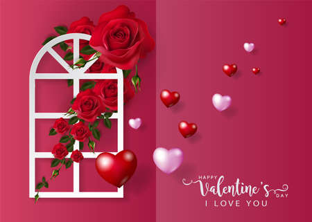 Valentine's day greeting card templates with realistic of beautiful rose and heart on background color.のイラスト素材