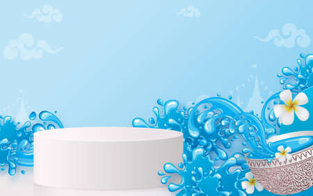 3d Background products for Songkran Festival podium in vector 3d with cylinder circle podium stand to show cosmetic product with Blue water splash,thai architecture. ( Translation thai : Songkran )のイラスト素材