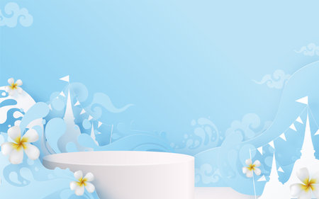 3d Background products for Songkran Festival podium in vector 3d with cylinder circle podium stand to show cosmetic product with Blue water splash,thai architecture. ( Translation thai : Songkran )のイラスト素材