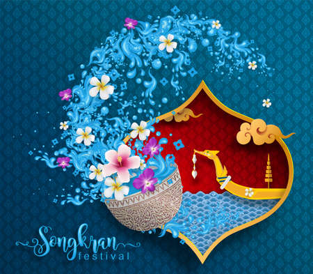 Songkran Festival, Thailand travel concept - The Most Beautiful Places To Visit In Thailand in flat style. ( Translation thai : Songkran )のイラスト素材