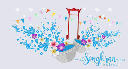Songkran Festival, Thailand travel concept - The Most Beautiful Places To Visit In Thailand in flat style. ( Translation thai : Songkran )のイラスト素材