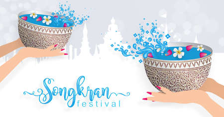 Songkran Festival, Thailand travel concept - The Most Beautiful Places To Visit In Thailand in flat style. ( Translation thai : Songkran )のイラスト素材