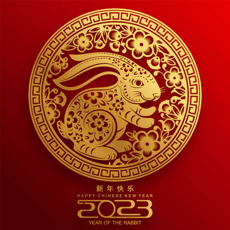 Happy chinese new year 2023 year of the rabbit zodiac sign, gong xi fa cai with flower,lantern,asian elements gold paper cut style on color Background. (Translation : Happy new year, rabbit year)のイラスト素材