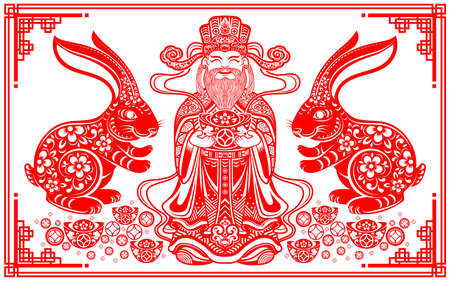 Cai Shen, God of wealth, God of fortune, Chinese new year 2023 year of the rabbit zodiac sign, gong xi fa cai  with craft style on background (Translation : Happy new year, rabbit year)のイラスト素材