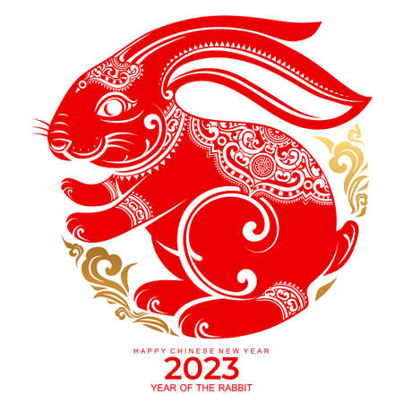 Happy chinese new year 2023 year of the rabbit zodiac sign, gong xi fa cai with flower,lantern,asian elements gold paper cut style on color Background. (Translation : Happy new year, rabbit year)のイラスト素材